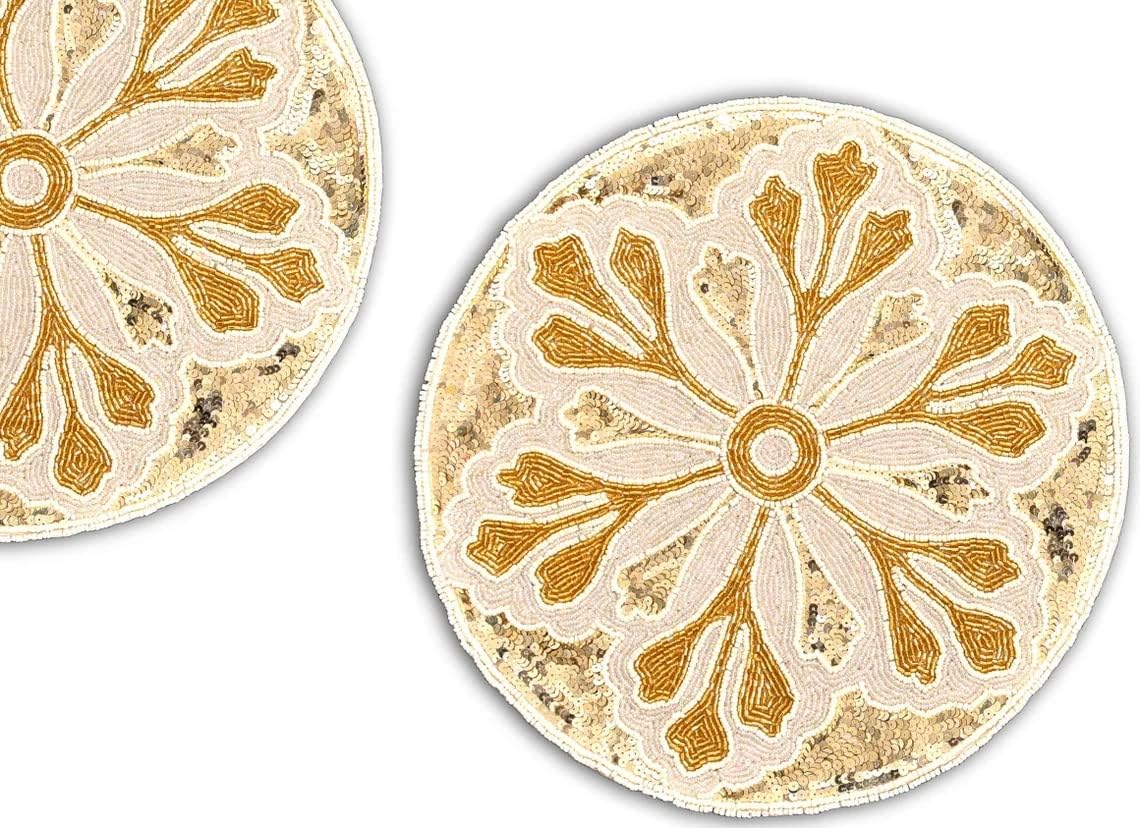 HM CREATIONS White and Gold Placemat, Handmade Beaded Placemat, Designer Charger Plate 13X13 Inch (2)