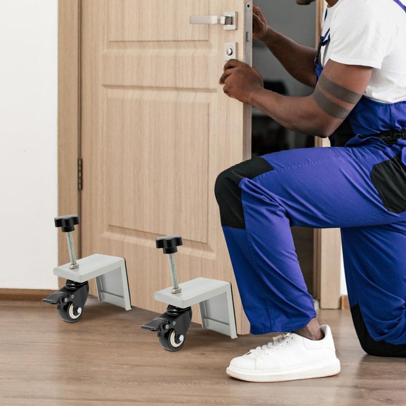 BAIODNB Door Installation Kit,Installation Tool for Pre-Hung, Slab, and Front Doors 1.375 to 1.75 Inches Thick,Stainless Steel Door Dolly Installation Tool with Wheels 2 PCS Door Stud