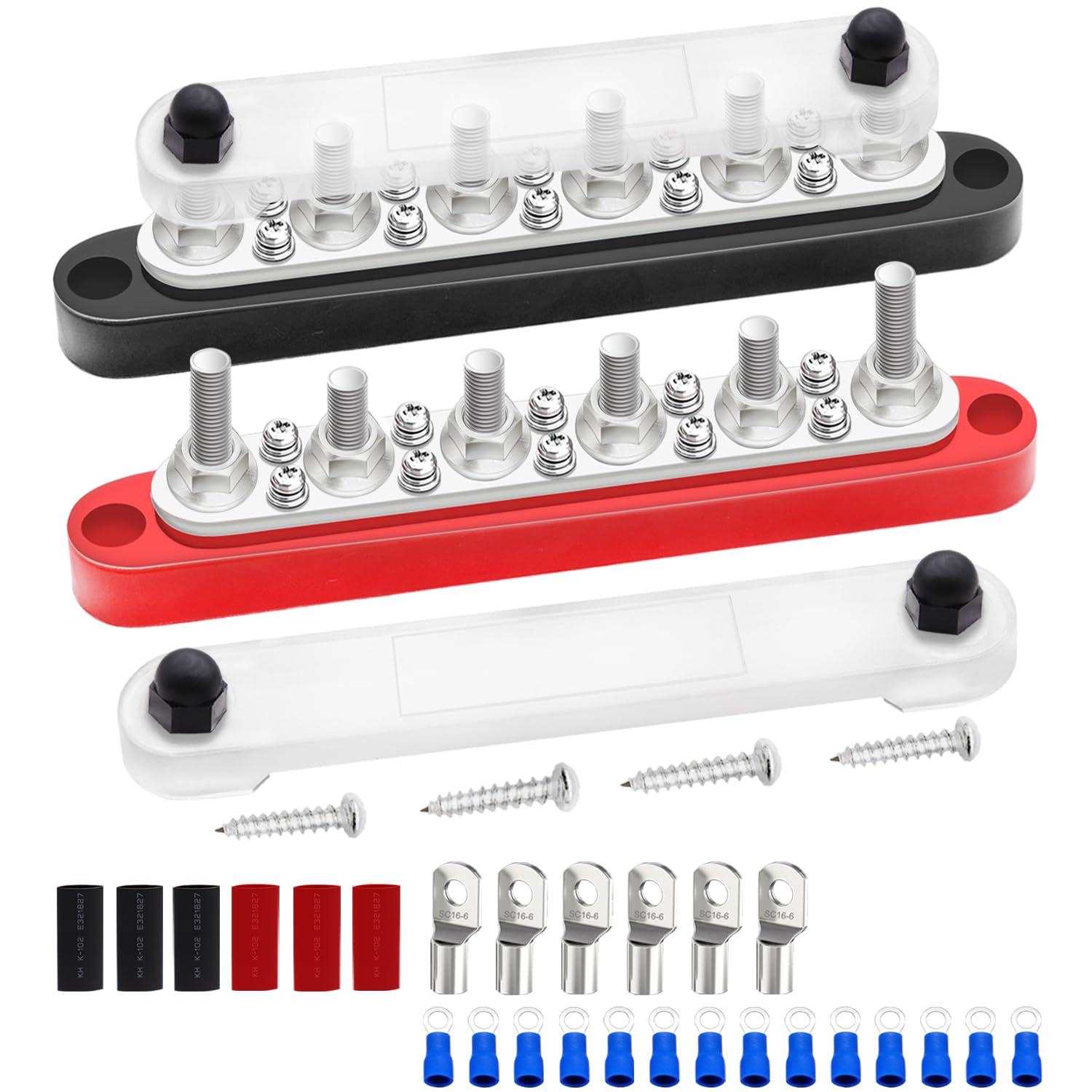 maierke 250A Bus Bar 12V Marine 1/4" Power Distribution Block Automotive Busbar Terminal Block,Battery Buss Bar (Pair, Red & Black) 6 x 1/4"+10 x #8