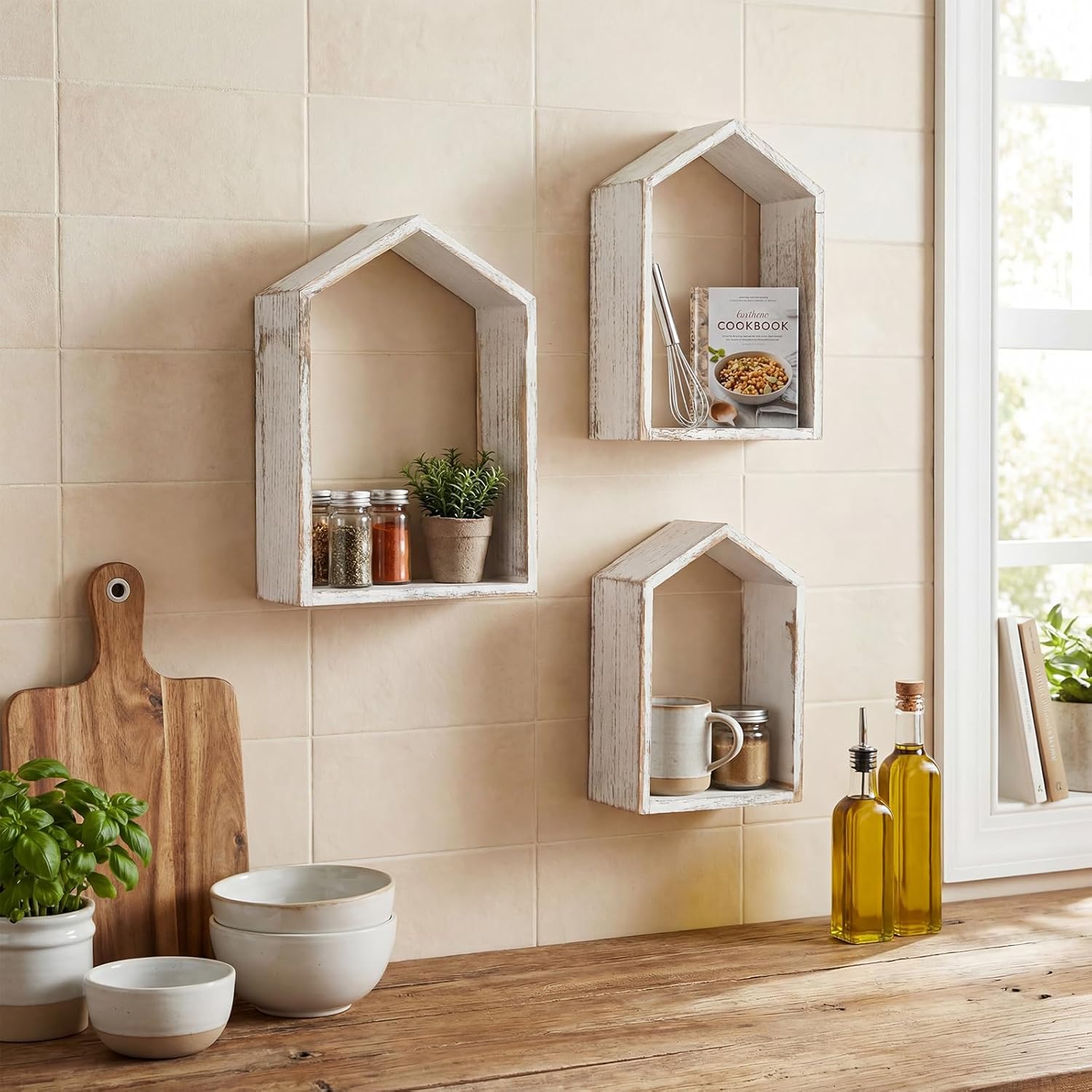 Threehoney 3 Set Wall Shelf 9.8 x 7.1 Inch Wooden Hanging Shelf Deep Display Storage Shelves Floating Shelves for Home Office Room Mini Figures Potted Plants Wall Decor (House,White)