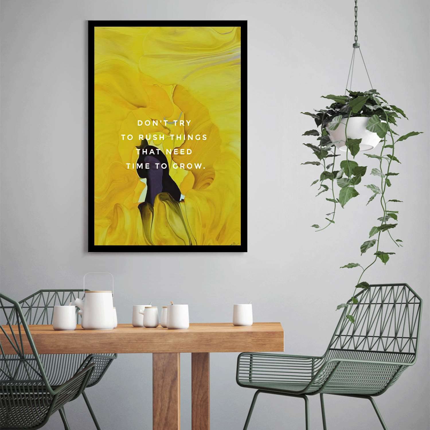 Póster con cita inspiradora para sala de estar con texto en inglés "Be patient Inspirational Don't try to rush things that need time to grow" para habitación estética, 20 x 30 cm, marco de metal negro