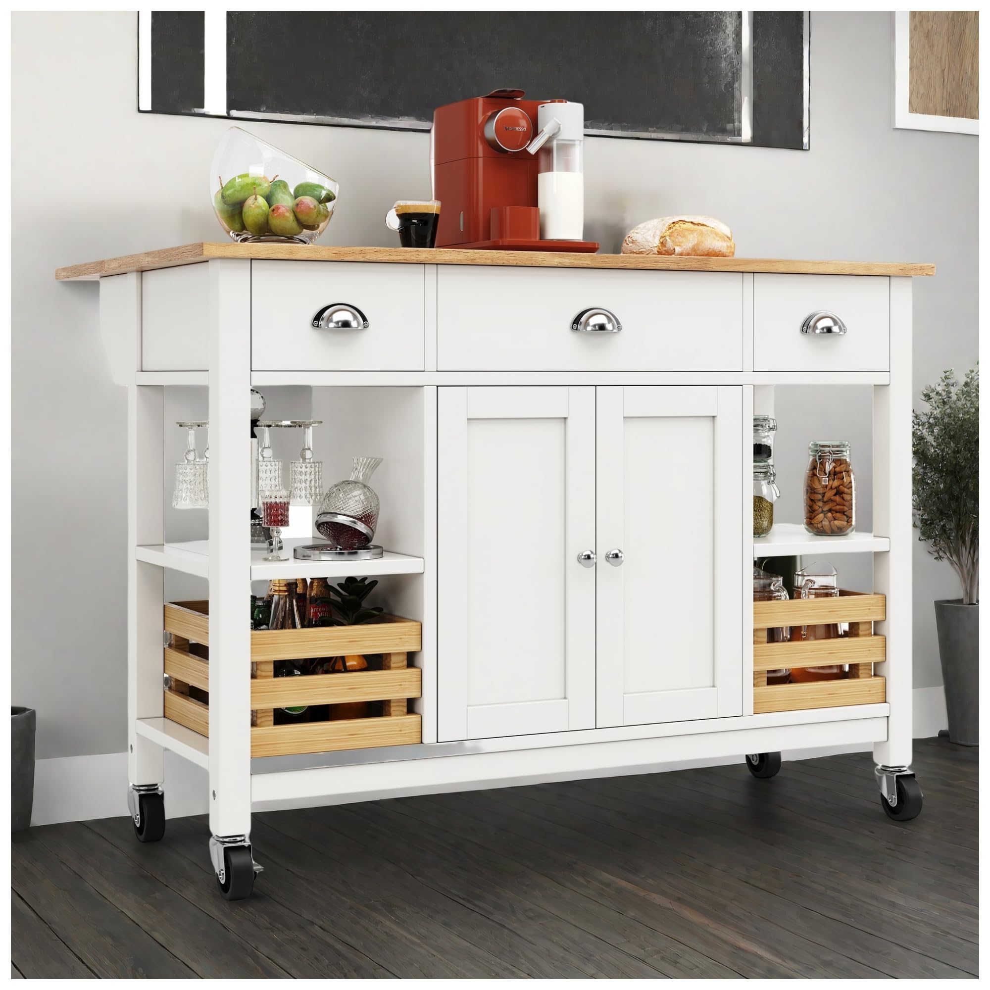 Isola da cucina moderna,120x73x90 cm,tavolo da pranzo multifunzionale con cestino in legno di pino,armadio,carrello per sala da pranzo,madia,credenza cucina,Bianco