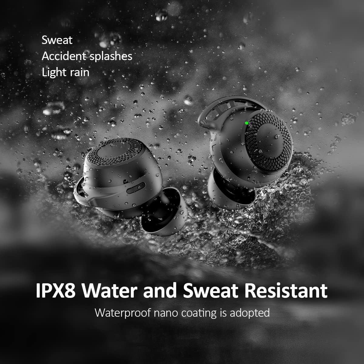 AMINY U-Air6 earbuds being splashed with water, demonstrating IPX8 water and sweat resistance.