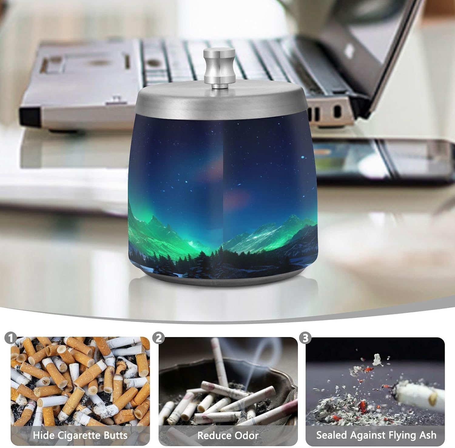 Home Ashtray Stainless Steel Smokeless Odorless Windproof Ashtrays for Indoor Outside Patio Home Office Tabletop with Lid Cute Cool Ashtray Summit Green Aurora