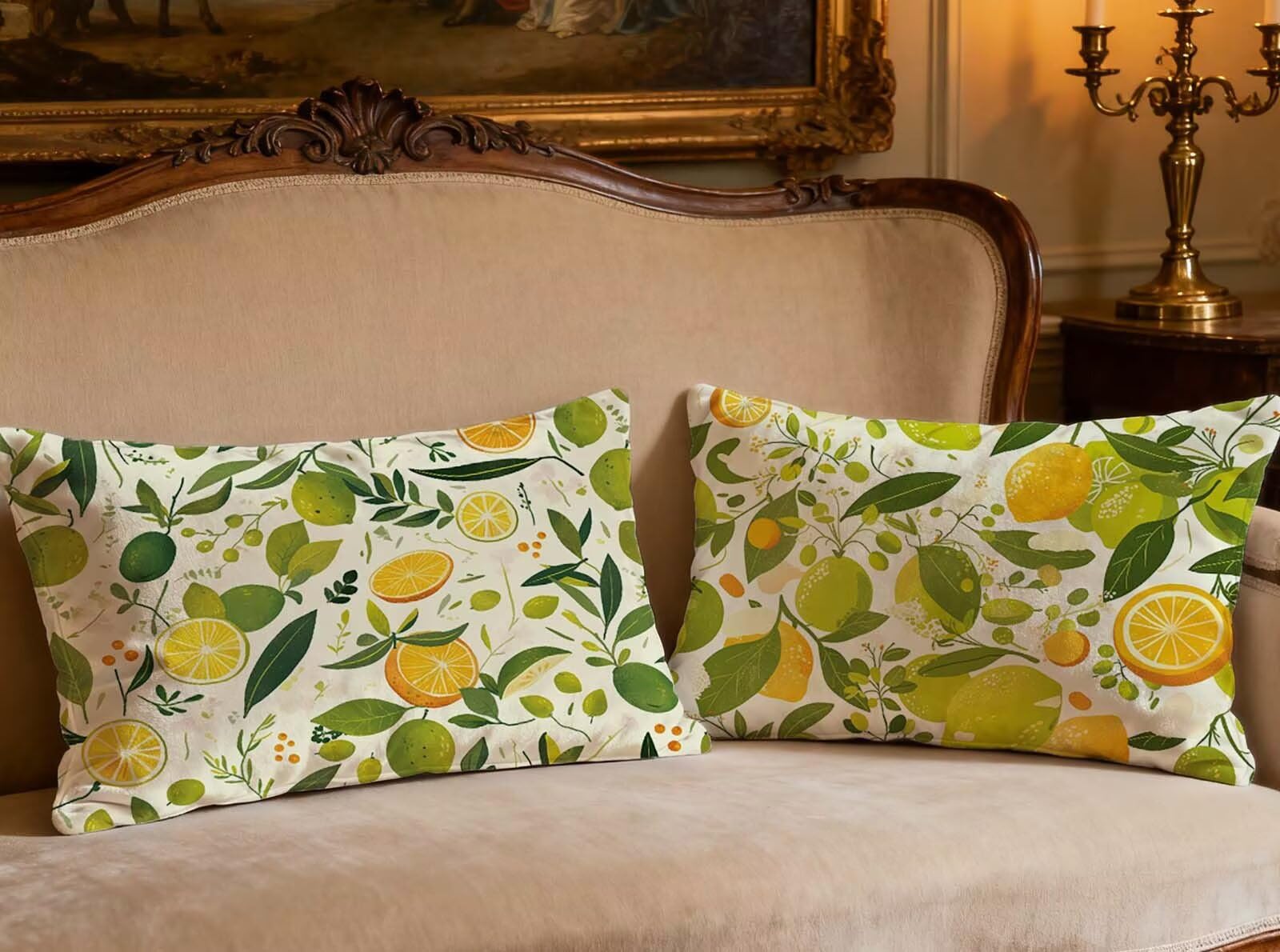 Taie oreiller velours vert 60x80 cm à motif citron, lot de 2 coussins haut de gamme O-174P