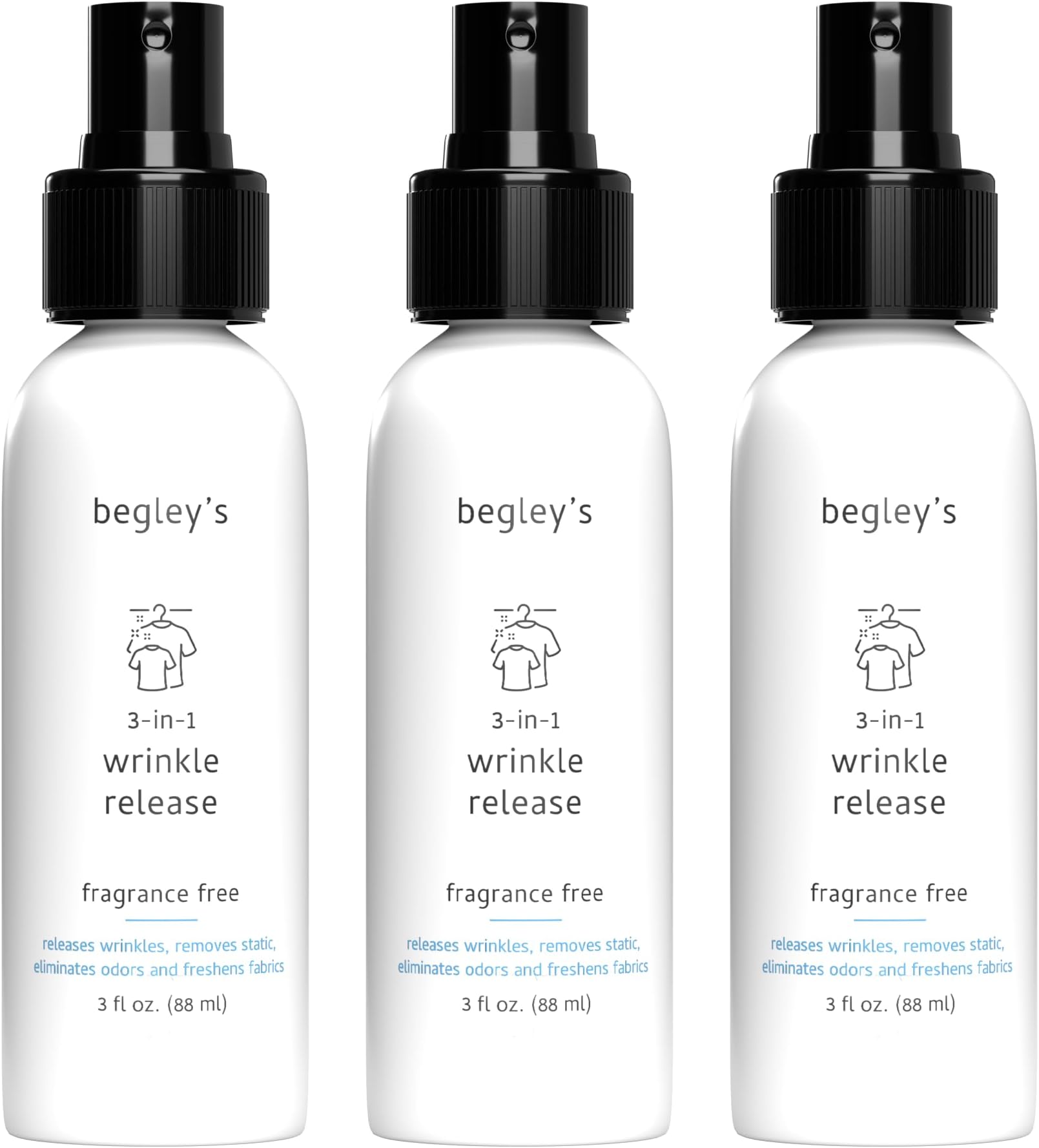 Begley's 3-in-1 Wrinkle Remover, Quick Fix Wrinkle Release, Static Cling Remover, Odor Eliminator and Fabric Refresher Spray - Plant-Derived, USDA Certified Biobased - Fragrance-Free, 3 oz Travel Size