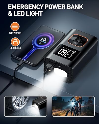 Miniatura 6 de Tire Inflator Portable Air Compressor - Fast Cordless Air Pump for Car Tires, 150 PSI Electric Bike Tire Pump with LED Light and Digital Pressure