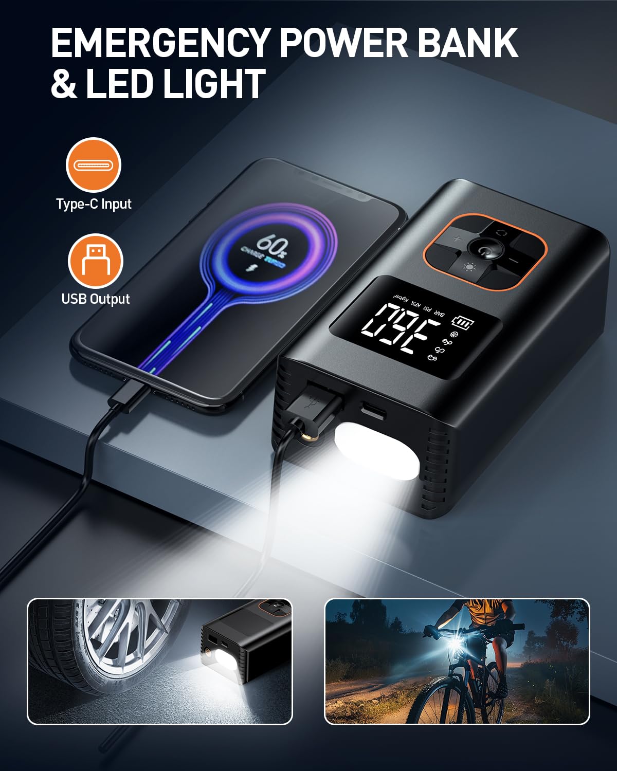 KIAIR Tire Inflator Portable Air Compressor - Fast Cordless Air Pump for Car Tires, 150 PSI Electric Bike Tire Pump with LED Light and Digital Pressure Gauge for Motorcycle, Auto, Ball, Bicycle