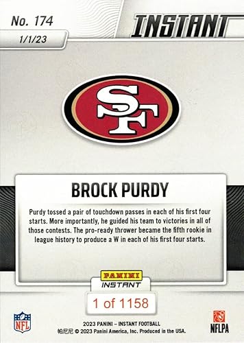 Miniatura 2 de 2022 Panini Instant Football #174 Brock Purdy Rookie Card 49ers - Only 1,158 made!