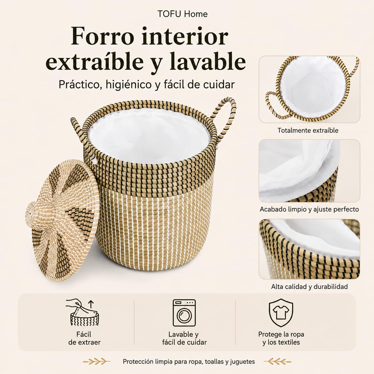 Pack 3 Cestas para Ropa Sucia y Almacenamiento, Cesta Tejida de Hierba Marina Artesanal Vietnam (76L/43L/26L) con Asas, Tapa y Forro Desmontable Lavable, Multiusos Salón Dormitorio Cocina Baño