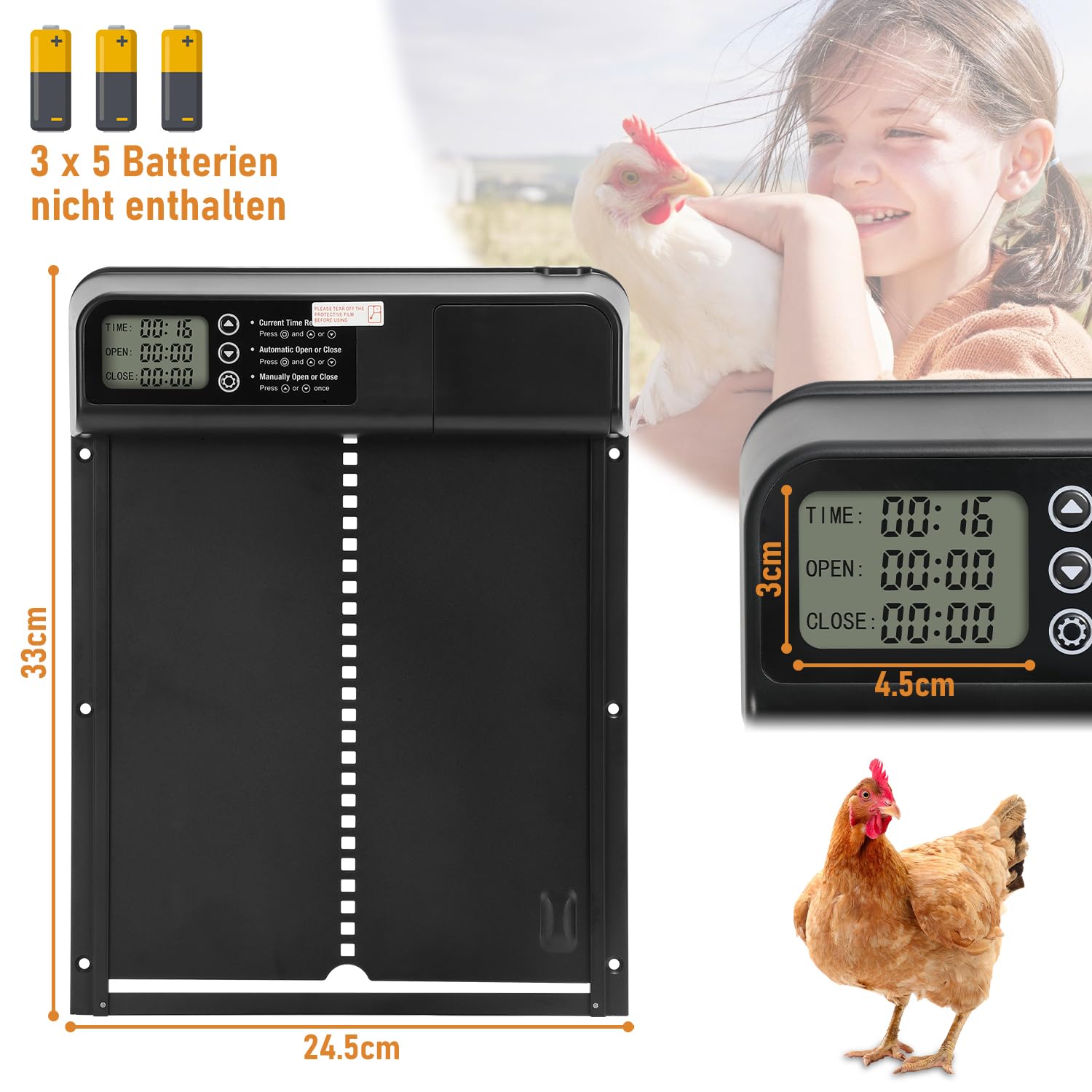 Herrselsam Automatische Hühnerklappe mit Timer/Manuell/Anti-Tamper Modus, elektrische Hühnerklappe automatisch mit Aluminiumlegierung Hühnertür, LED Display, Wasserdichter Türöffner für Hühnerstall