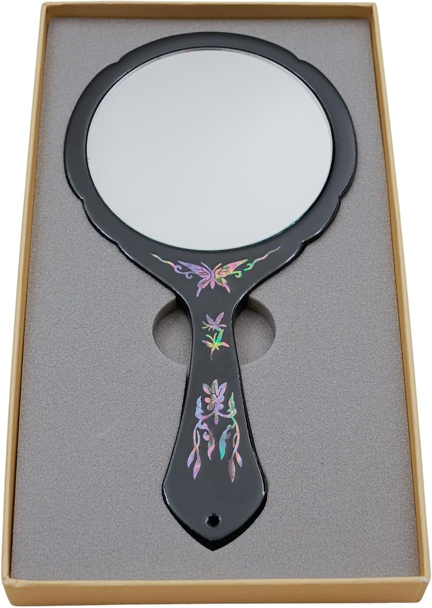 Espejo de mano de nácar coreano hecho a mano, diseño de flores y mariposas lacadas, elegante espejo de tocador para maquillaje (flor-rojo) (flor-negro)