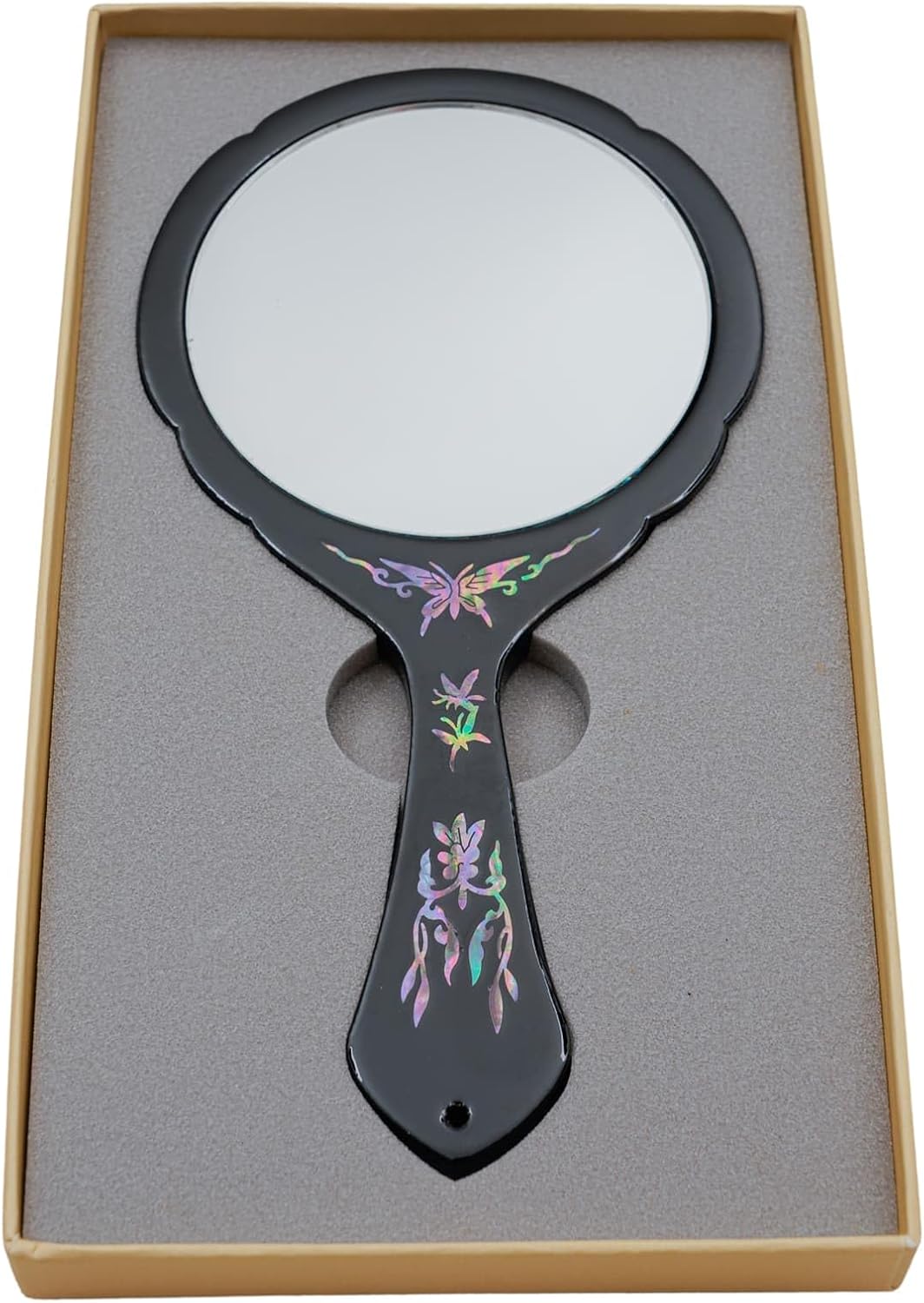 February Mountain Handcrafted Korean Mother-of-Pearl Hand Mirror - Lacquered Flower and Butterfly Design, Elegant Makeup Vanity Mirror (Flower-Red) (Flower-Black)