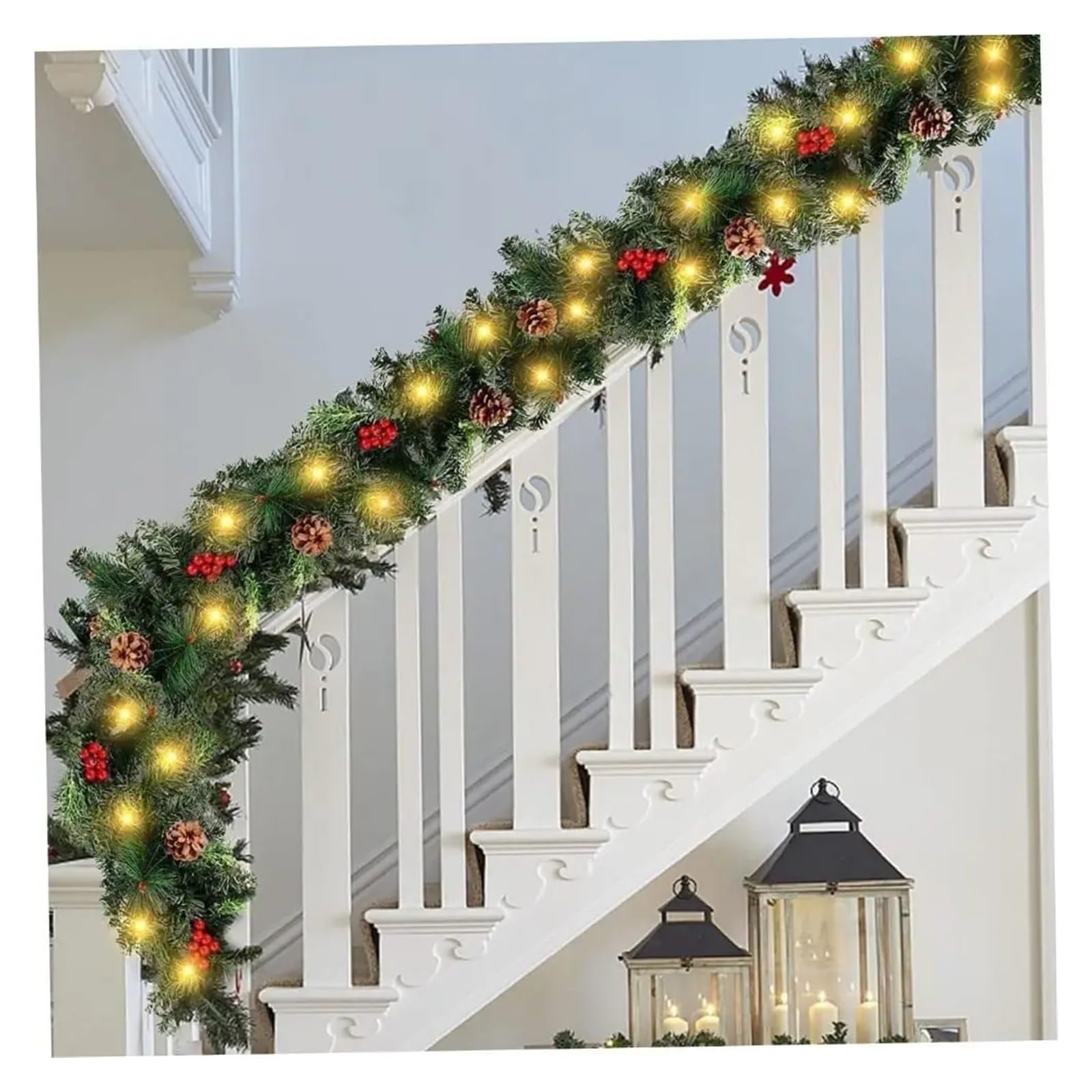 Guirnalda de Navidad Guirnalda navideña de Pino, Cono, Baya, Verde, decoración de árbol de Pino Artificial, Adorno de 180cm/6 pies para decoración(07)