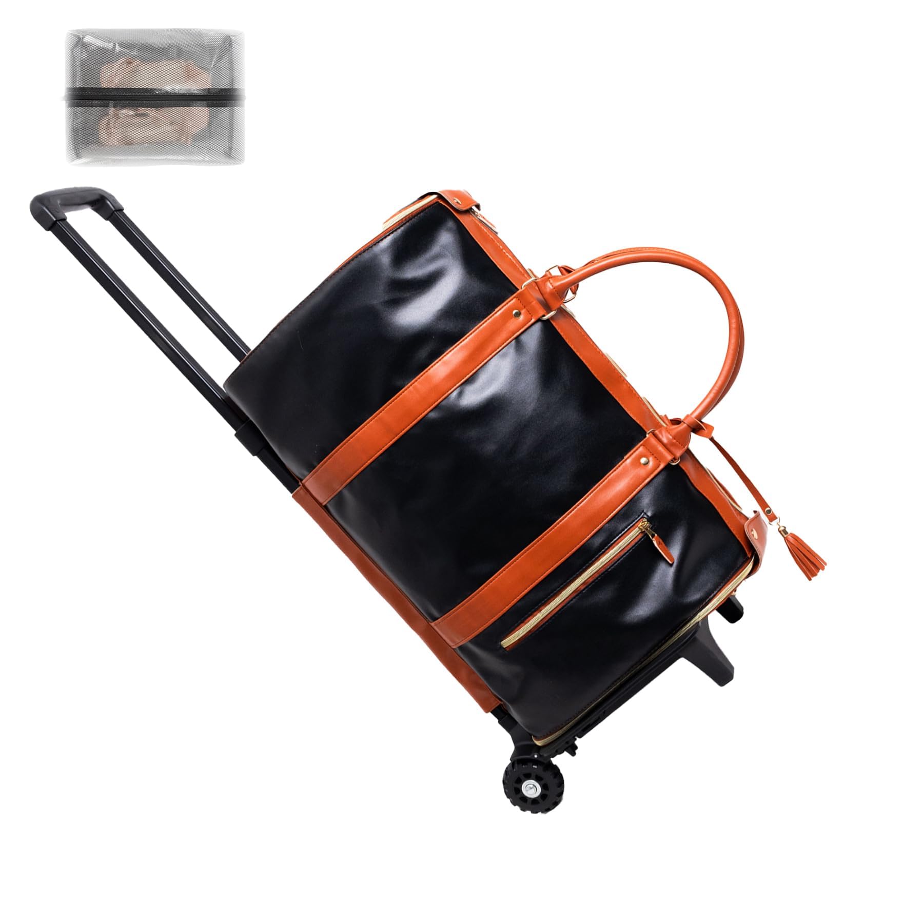 Bolsa de viaje con ruedas, equipaje de traje 3 en 1 para mujer, bolsa plegable de piel sintética con bolsa para zapatos, perfecta para viajes de negocios y viajes, Black, Roller