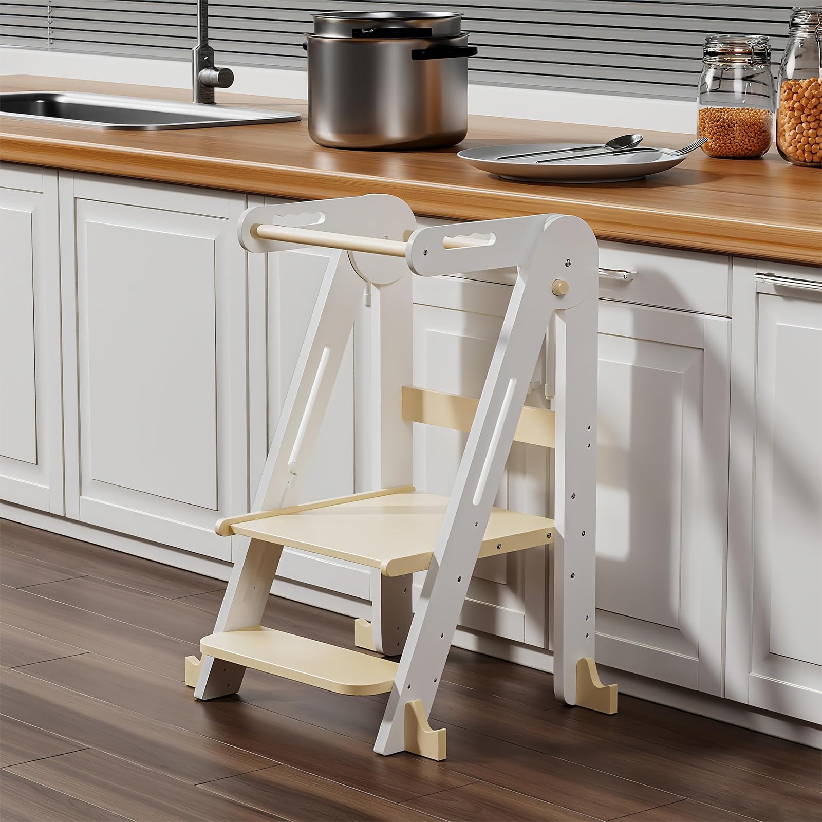 Klappbarer Toddler Tower Tritthocker, Höhenverstellbarer Kinderhocker mit Sicherheitsleiste & Rutschschutz, Kleinkind-Turm für Badezimmer & Wohnzimmer – Für Kinder ab 1,5 Jahren(weiß)