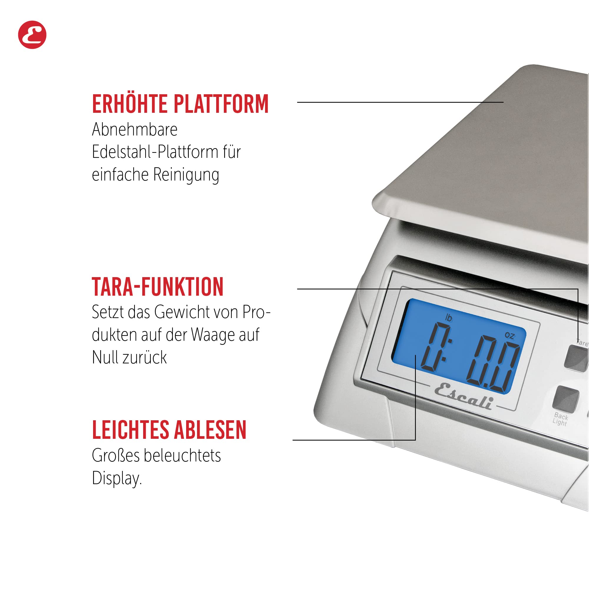 Escali 136DK Alimento Küchenwaage Digital - Küchenwaage - Waage Küche Büro - Backen Labor - Hobbys - Kräuterwaage Haushaltswaage - 6,4 kg - Silber - 18 x 24 x 9 cm