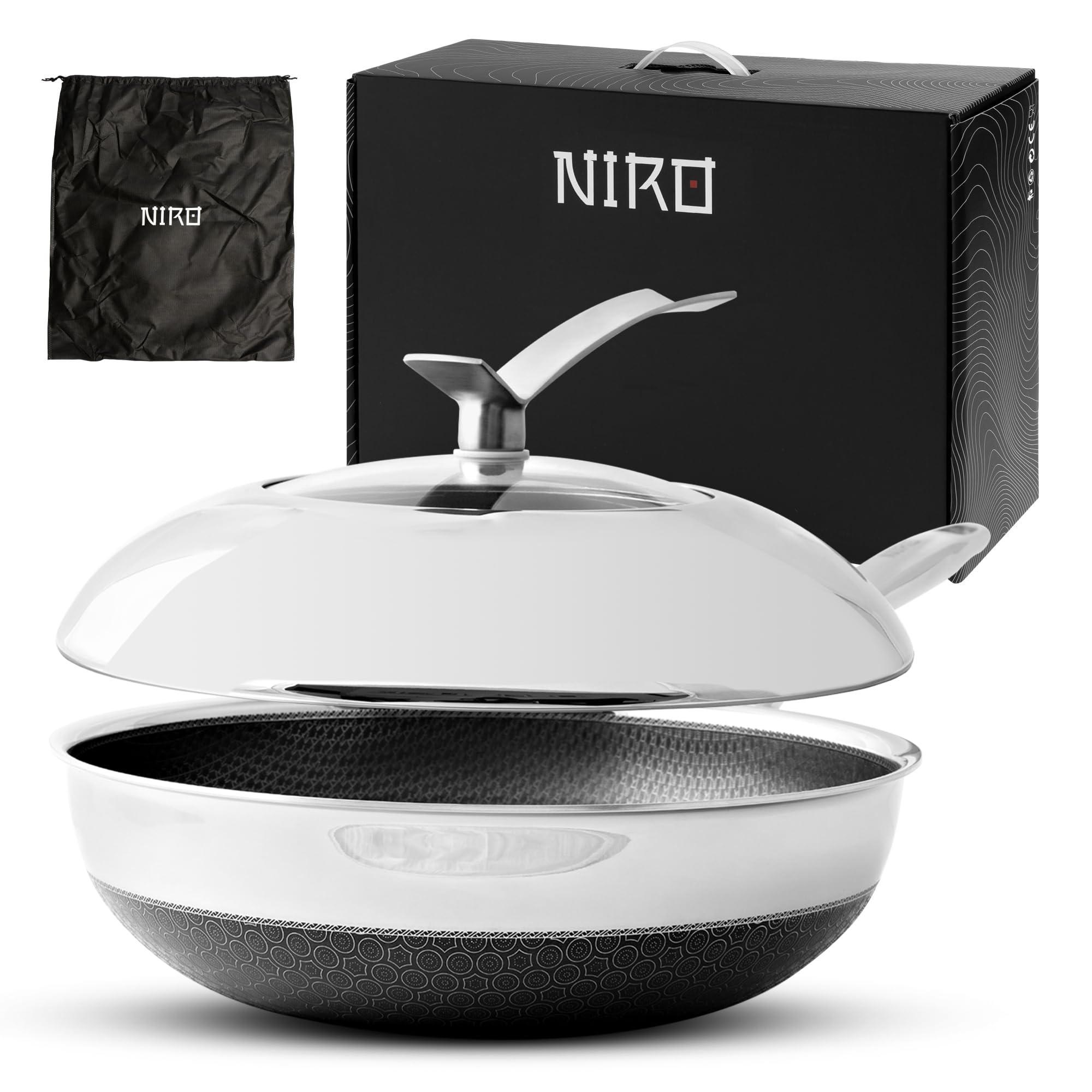NIRO Wok Antiaderente Triplo Strato (Acciaio Inox + Alluminio) Ø28cm, COPERCHIO INCLUSO, Antigraffio, NO PFOA, Per Piano Cottura Induzione, Ceramica, Elettrico, Gas, Forno, Manico Anti Scottatura