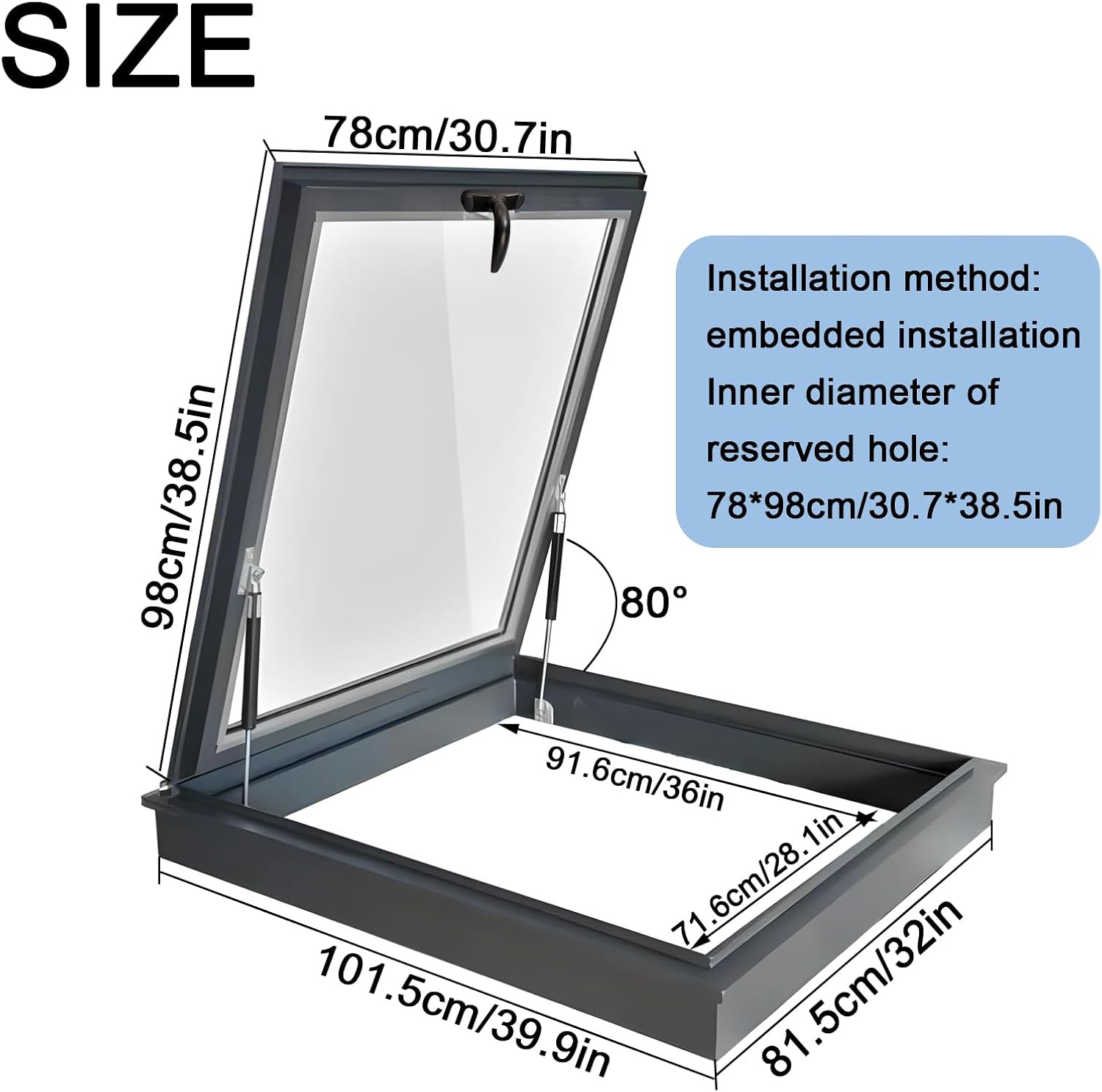 Skylight House Roof Window, Underground Lighting Well Window with Double Layer Tempered Glass, Flush Mount Roof Access Hatch Security Door, Venting Deck Viewing Window Cover for Sunroom (78cm/30.7in)