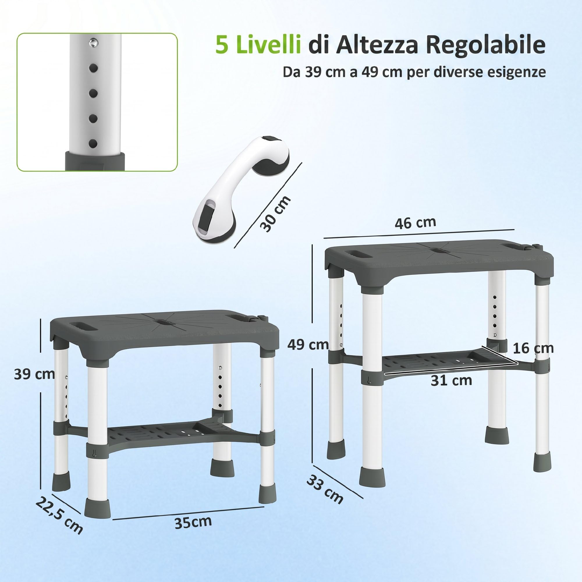 HOMCOM Sgabello per Doccia in Alluminio, Barra a Ventosa, 150kg, Grigio | Mensola Integrato, Sgabello Bagno con Ventosa, Altezza Regolabile 5 Livelli, per Anziani e Disabili
