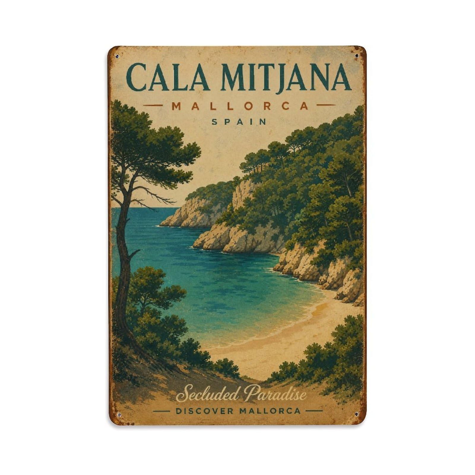 Fyrn Style Metal Tin Sign Vintage Travel Cala Mitjana Mallorca Secluded Beach Pine