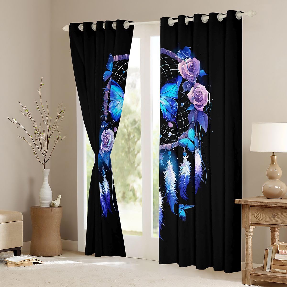 Homewish Schmetterling Traumfänger Verdunkelungsvorhänge 175x140(HxB) Boho Traumfänger Gardinen Blickdicht Lila Rose Vorhang Fantasie Verträumt Vorhänge Schlafzimmer 2 Paneele