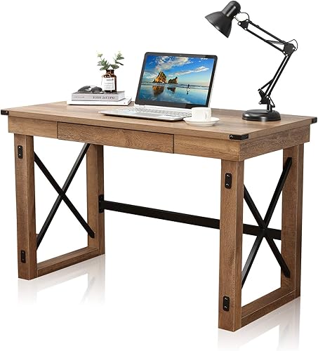 Festival Depot Escritorio para computadora de 47.5 pulgadas, escritorio grande de oficina en casa en estilo industrial con bandeja extraíble para