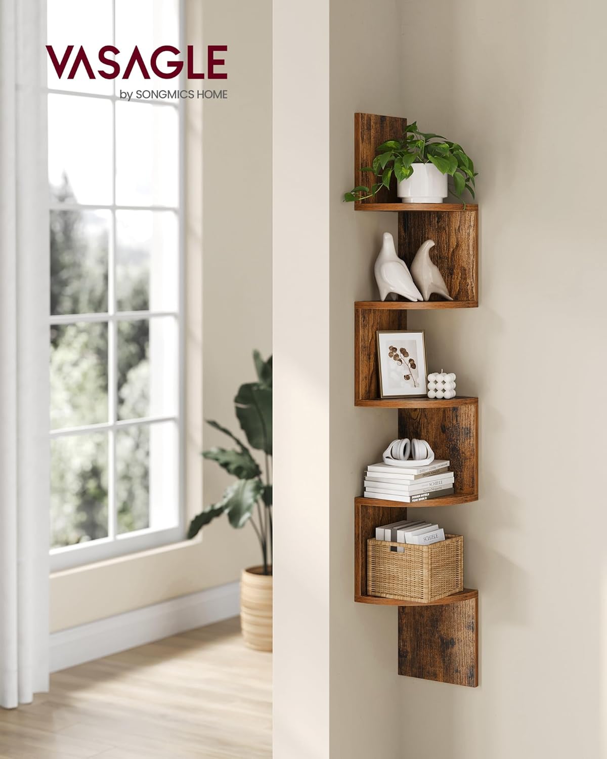 VASAGLE Corner Shelf Wall Mount, 5-Tier Floating Corner Bookshelf, Plant Shelf for Bedroom, Living Room, Bathroom, Home Office, Rustic Brown - Image 2