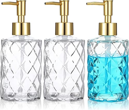 Paquete de 3 dispensadores de jabón de vidrio en relieve de diamante con bomba de plástico dorado, dispensador de jabón de baño de 12 onzas,