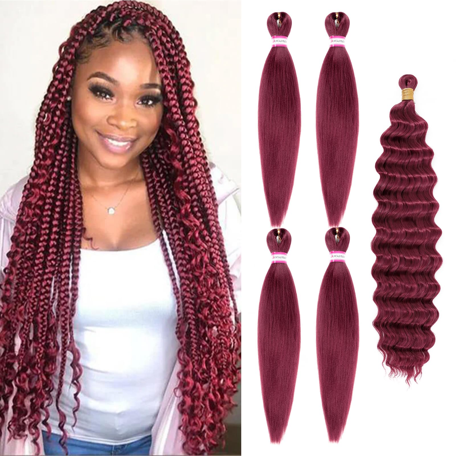 Dorsanee Burgundy Braiding Hair for Boho Braids 20 Inch 4 Packs Pre Stretched Braiding Hair and 18 Inch 1 Pack Deep Wave Crochet Boho Braids Synthetic