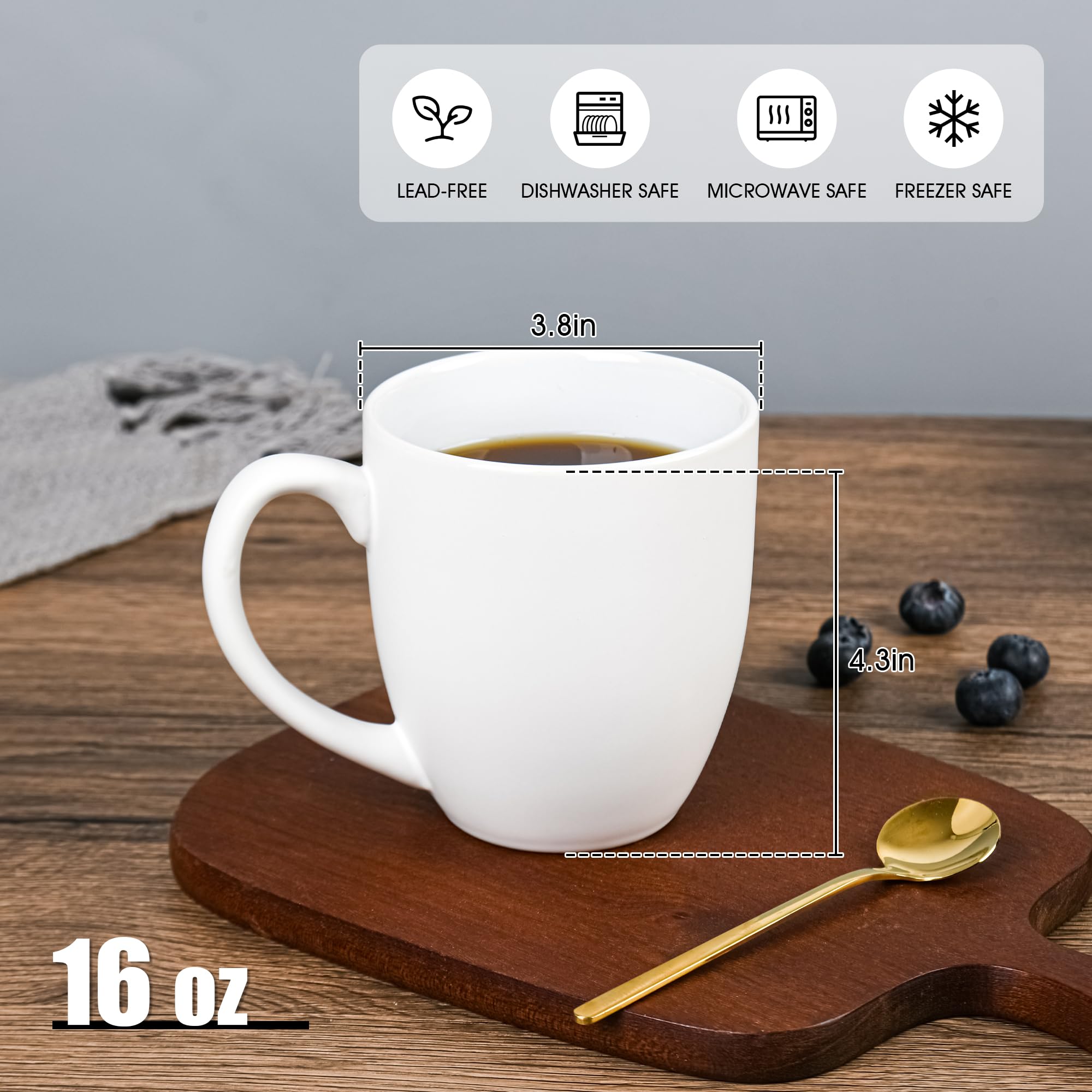 BYCNZB Zestaw 6 kubków do kawy 470 ml, duże ceramiczne nowoczesne kubki do kawy z uchwytem, do herbaty, latte, cappuccino, kakao. Można myć w zmywarce. Można używać w kuchence mikrofalowej (białe