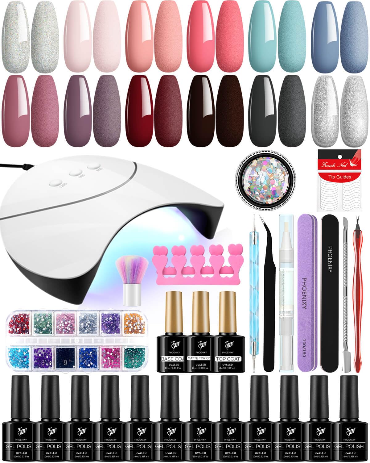 phoenixy Phoenixy 10ml Uñas Semipermanentes Kit Completo, Kit Uñas Semipermanentes con 36W Lámpara 12 Colores Azul Rosa, Kit Manicura Semipermanente con Capa Base y Superior