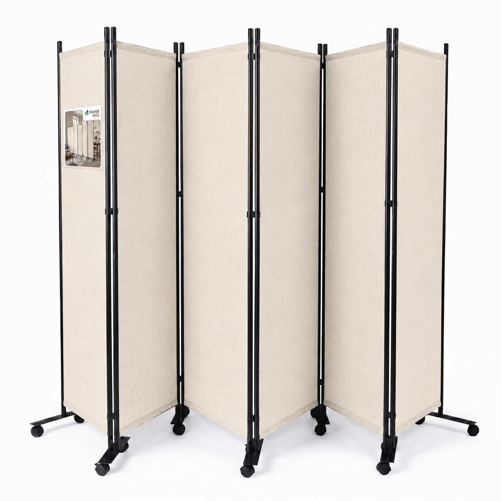 VOUNOT® Biombo Separador Plegable 6 Paneles Separador de Ambientes con Ruedas 340x30x171 cm Pantalla Privacidad Tela Poliéster Marco Metal Divisor de Habitación para Oficina Dormitorio Interior Beige