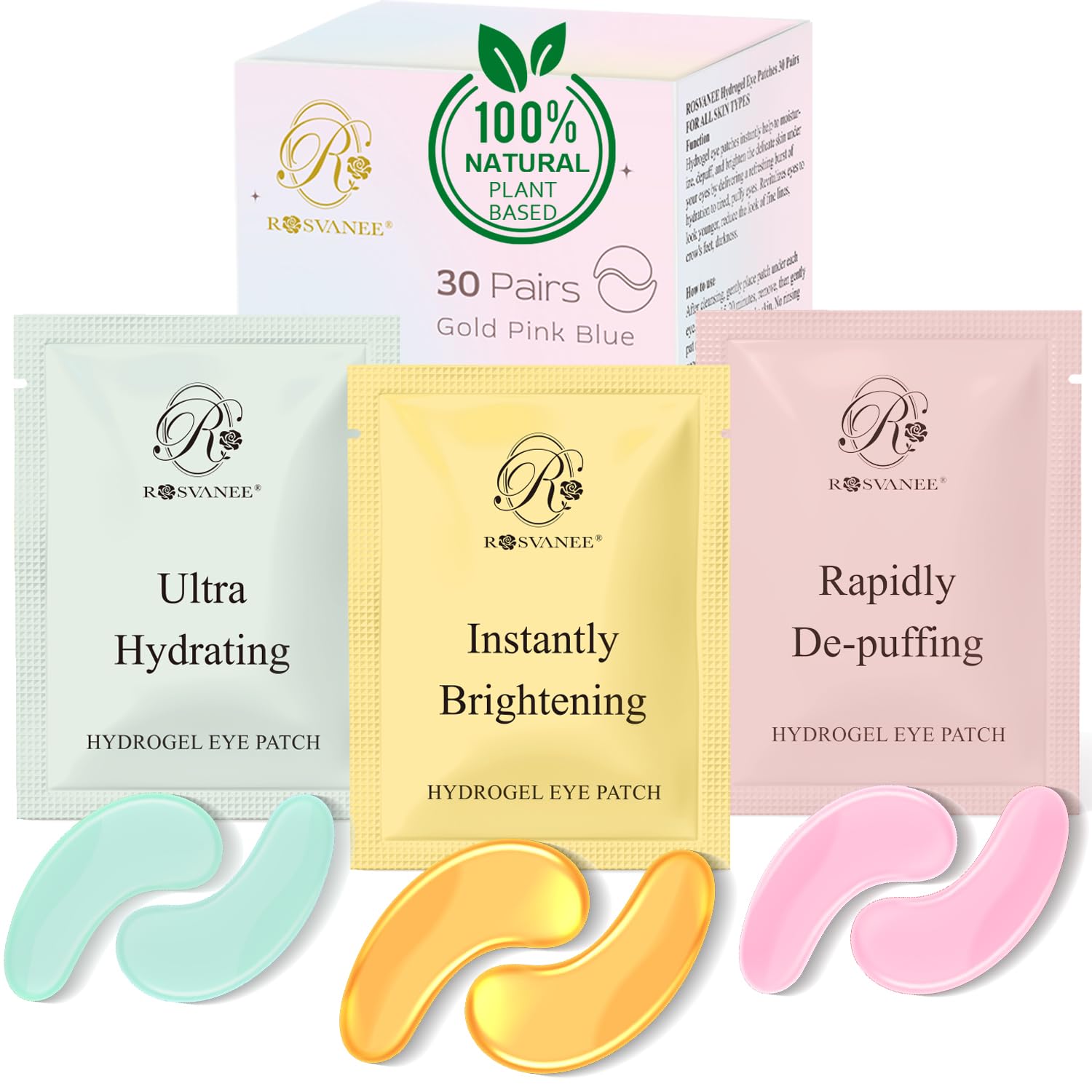 Plant Based 30 Pairs Under Eye Patches, Natural Vegan Eye Mask for Dark Circles, Puffiness, Under eye Bags, Wrinkles, Hydrogel Eye Mask Patches with 24K Gold, VC, Retinol, Fragrance Free