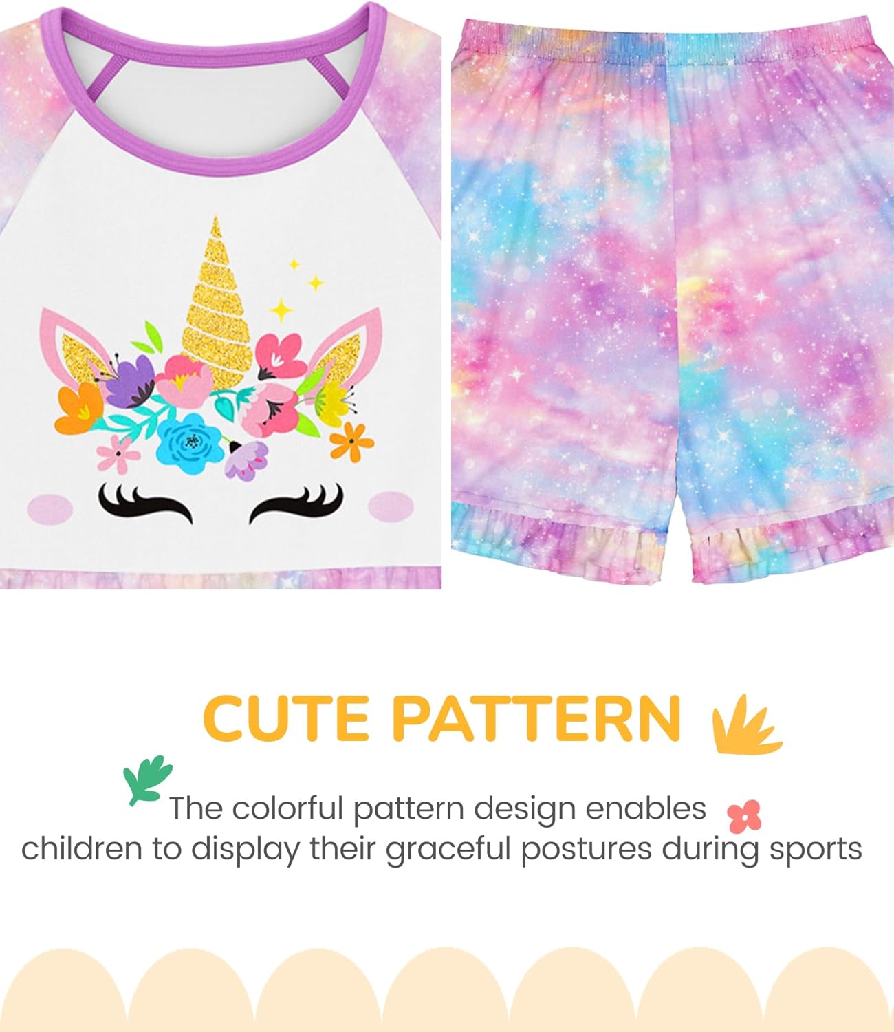 LQSZ Matching Girls & Doll Summer Pajamas Set for Toddler Girls Short Sleeves Cute Sleepwear for Kids 18inch Dolls Tie Die Unicorn 6-7 Years - Image 4