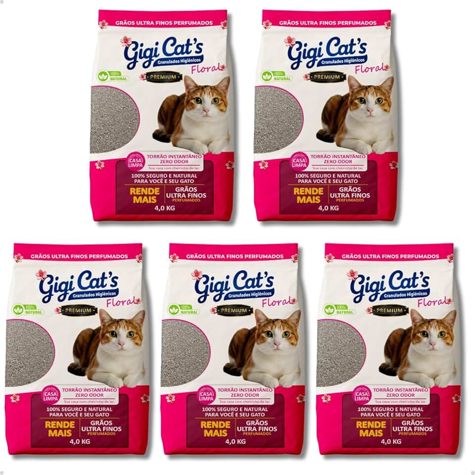 Kit 5 Areia Sanitária Higiênica Aroma Floral Natural para Gatos Premium Grãos Ultra Finos Gigi Cat´s 4 Kg