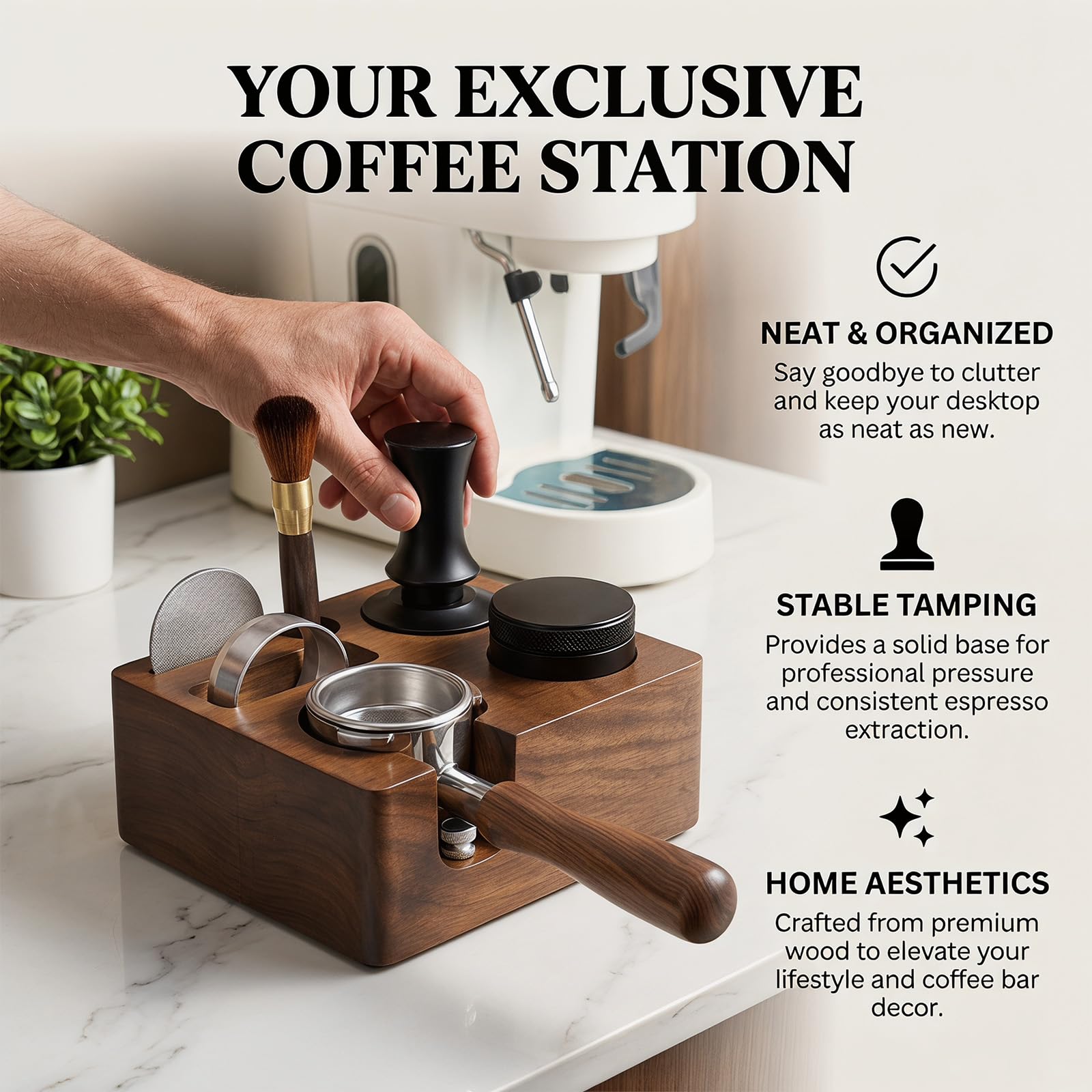 Espresso Tamping Station - Estación de café de madera de nogal para cafeteras de espresso (51/54 mm)