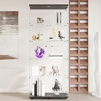 FANYUSHOW Glass Display Cabinet with Double Doors and Lock, Quick-Install Style 5-Shelf Curio Cabinet 5mm Tempered Glass Floor Standing Bookshelf for Living Room, Bedroom, 75" H x 32''L x 15''W, Black