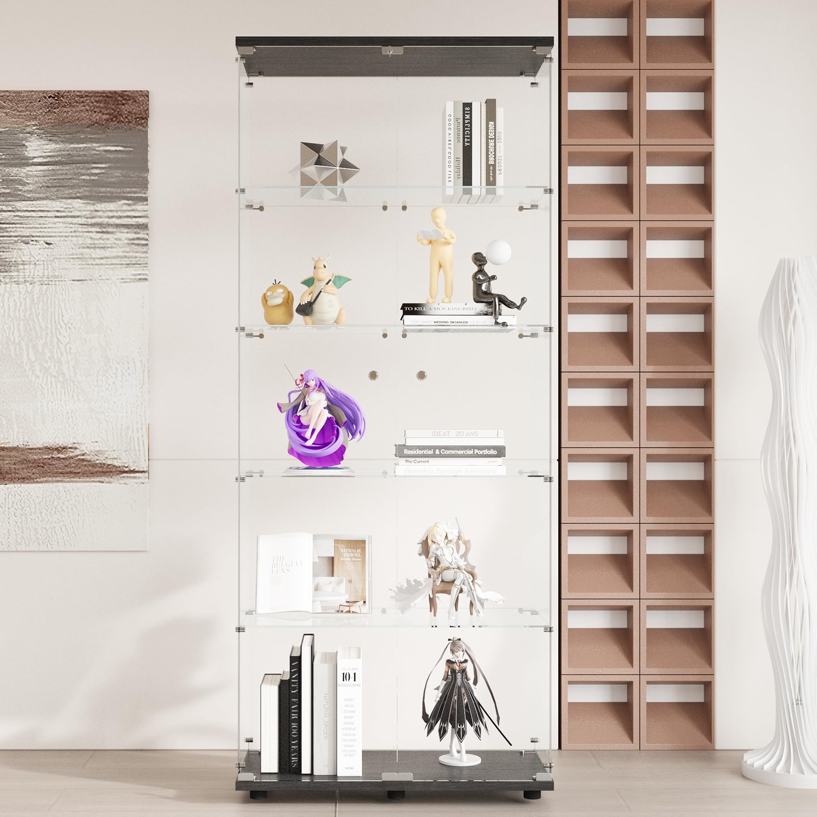FANYUSHOW Glass Display Cabinet with Double Doors and Lock, Quick-Install Style 5-Shelf Curio Cabinet 5mm Tempered Glass Floor Standing Bookshelf for Living Room, Bedroom, 75" H x 32''L x 15''W, Black