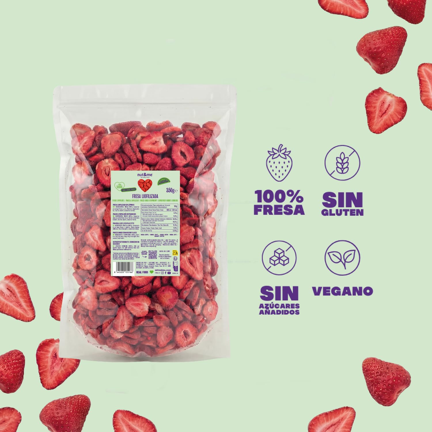 nut&me Fresa liofilizada en rodajas 350 gr | 100% Fresas naturales deshidratadas | Naturalmente dulces | Sin azúcares añadidos, aditivos, OGM y Gluten | Retenido de Vitaminas | Vegano