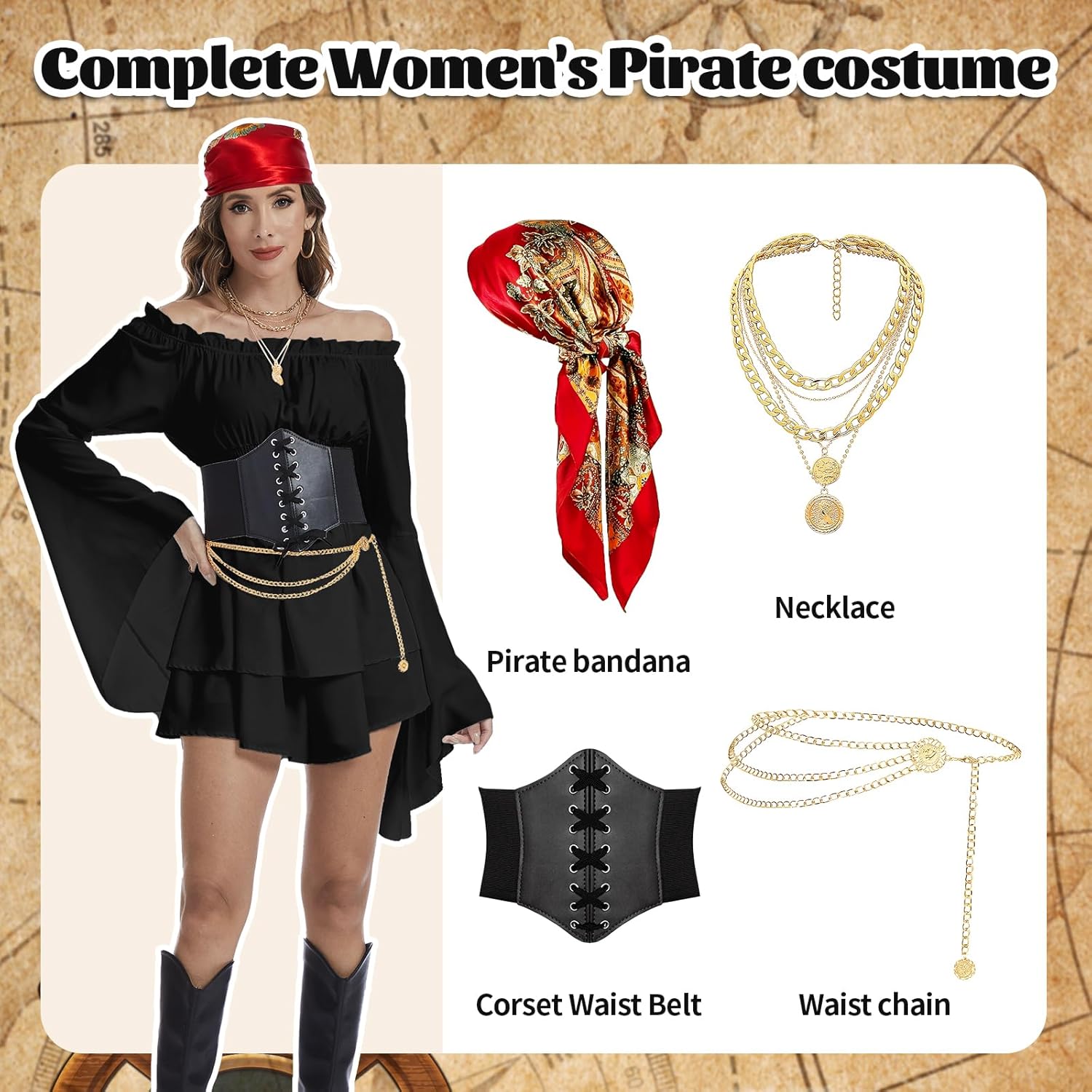 Pirate Costume Women Medieval Viking Pirate Dress Head Scarf Sash ChainNecklace Party Outfit Accessories - Image 6