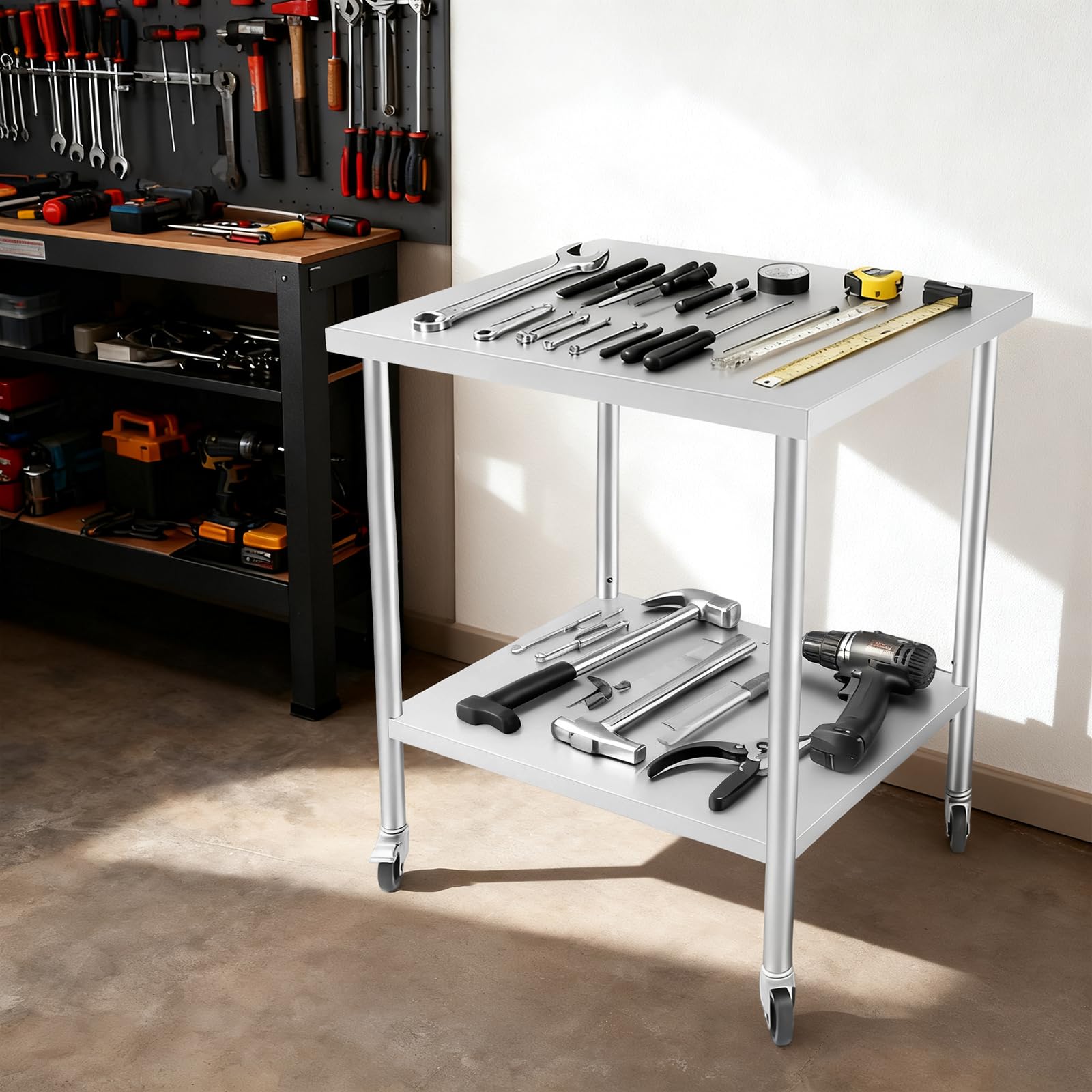 Tavolo da lavoro in acciaio inox, 76 x 60 x 85 cm, con ruote, tavolo da cucina per la preparazione degli alimenti, tavolo da gastronomia con portata di 300 kg, per ristoranti e hotel (4