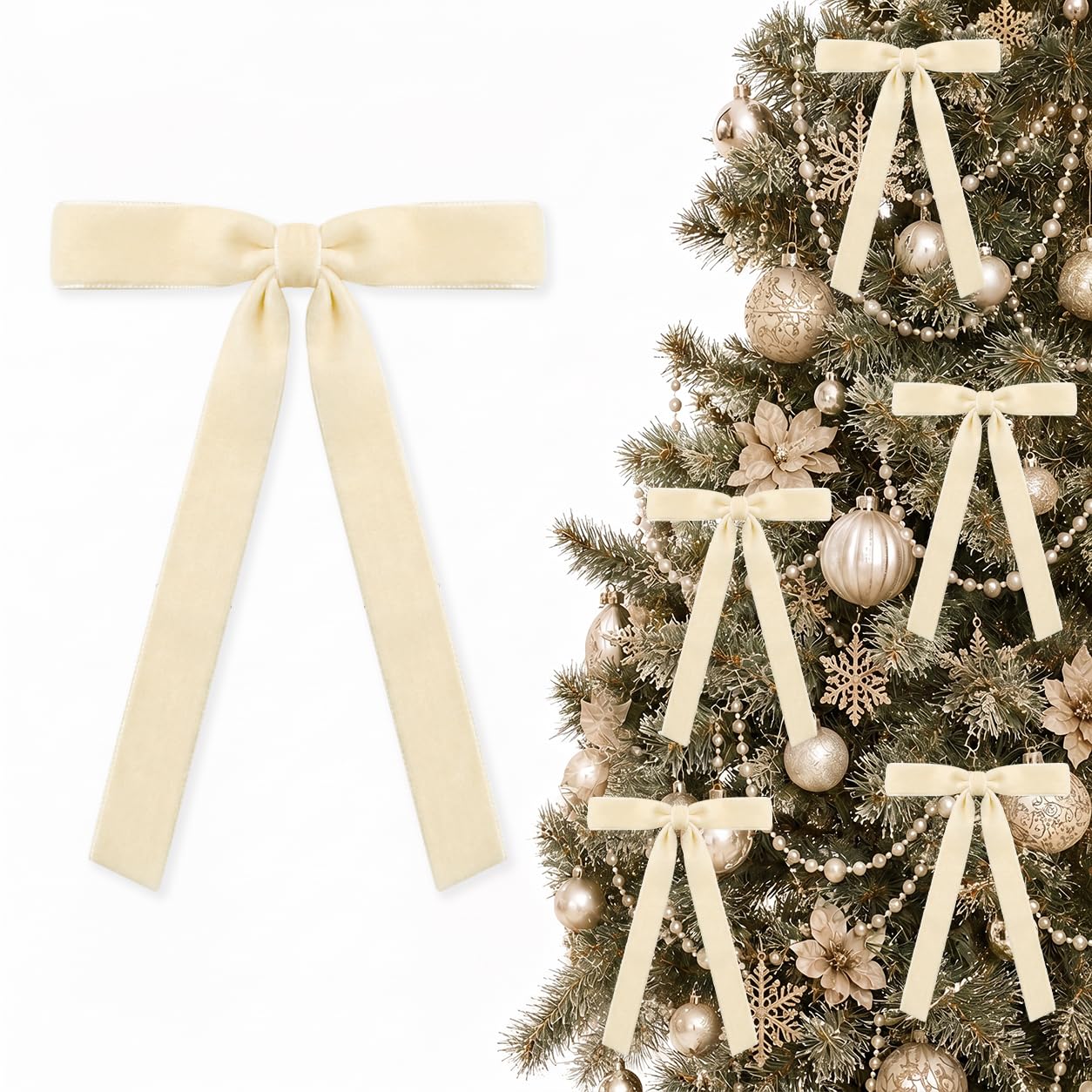 24 Pcs Beige Neutral Velvet Bows Christmas Ornament for Tree Wreath Mantle