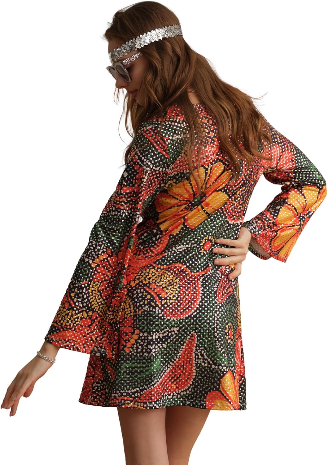 WYHDY 6070s Disco Outfit Women 70s Dress for Women Disco Dress Hippie Dress Accessories Halloween Party Cosplay
