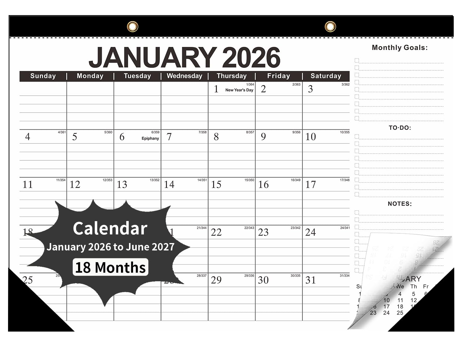 Yoawllty 2026 Wall Calendar, 18 Months Calendar Planner from January 2026 to June 2027, 12 x 17 Inches(Black)