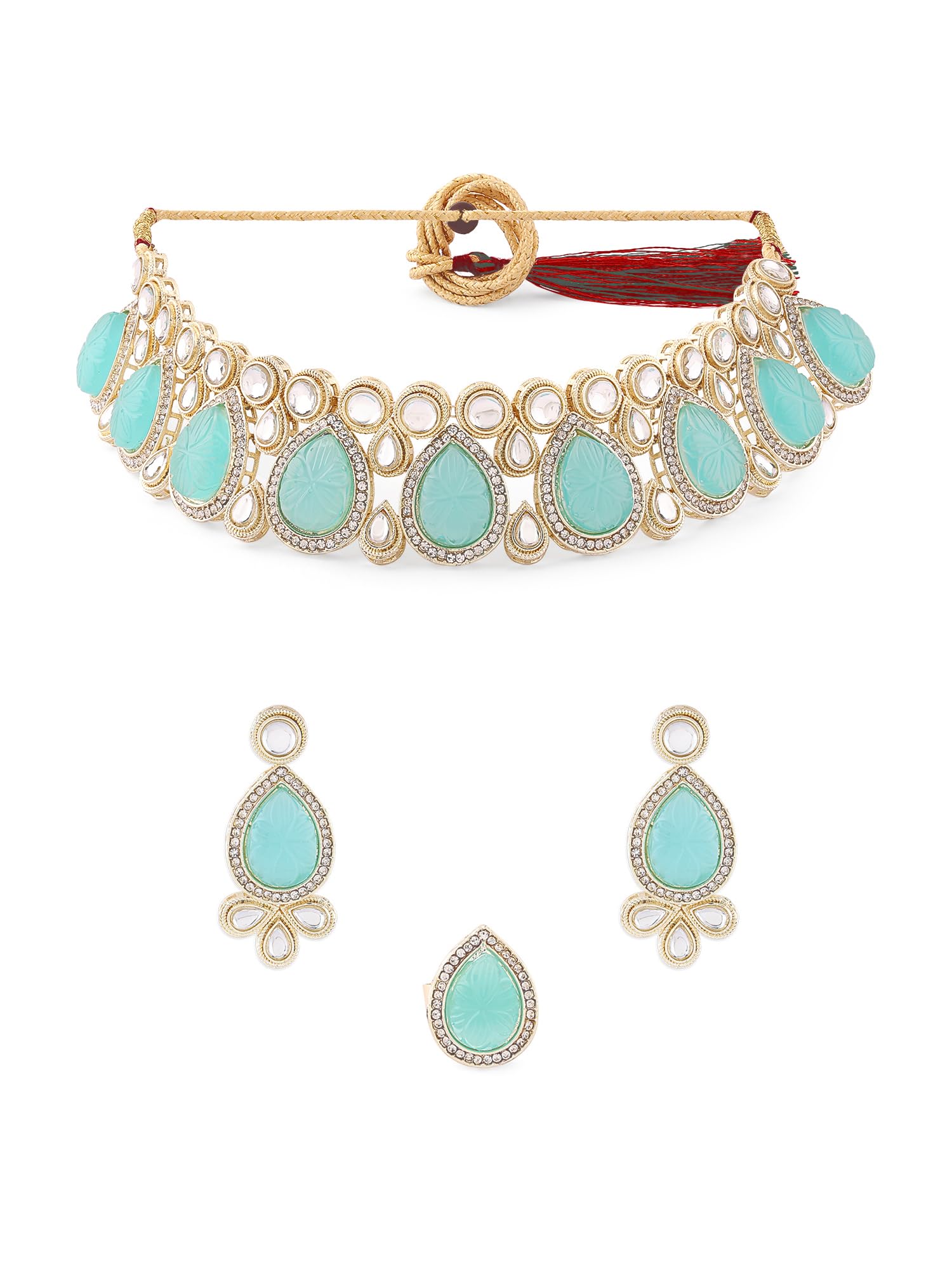 ZAVERI PEARLS Turquoise Blue Kundan & Stones Choker Necklace Earring & Ring Set For Women -ZPFK16182 (B0C9Q6BR4P) Amazon Price History, Amazon Price Tracker