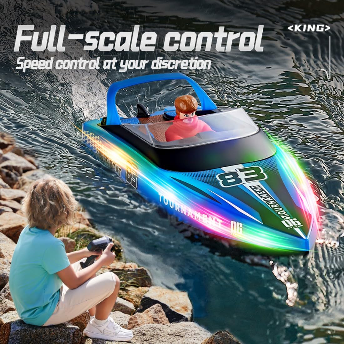 HJ821 - Lancha rápida a control remoto para adultos, 2.4 GHz de doble hélice de alta velocidad RC lancha de carreras con luces, modelo de embarcación eléctrica para piscina, lago