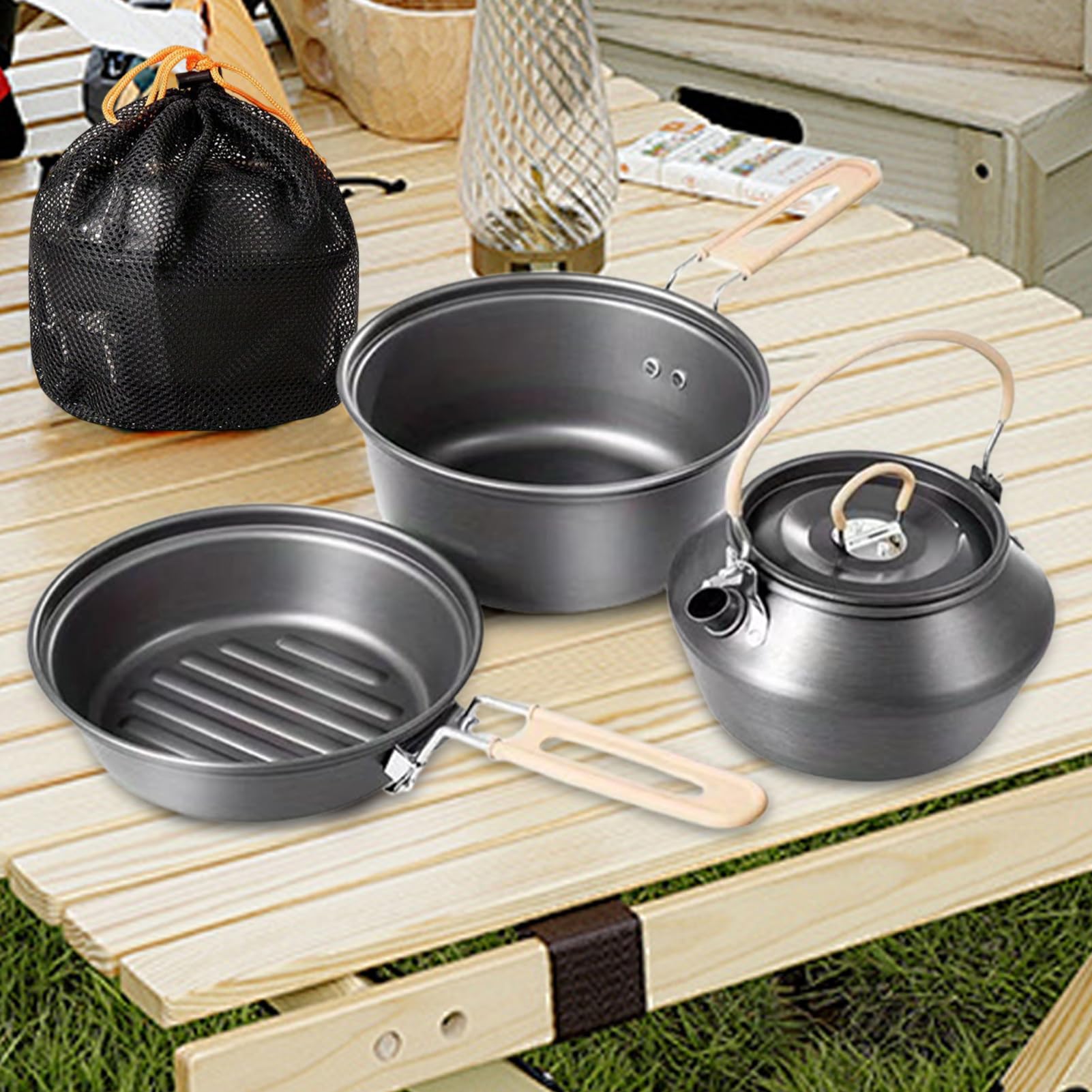 Plecakowy zestaw kuchenny Przenośne garnki do smażenia i duszenia | Zestaw garnków i patelni kempingowych do gotowania Sprzęt do wędrówek, wędkowania, polowania, , pikniku,