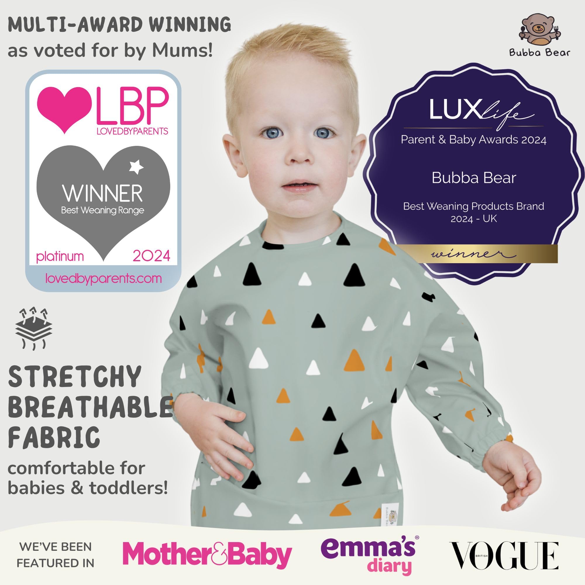 Bubba Bear ® Baby Weaning Bib with Sleeves, Green Triangles, 6-36 Months - Image 2