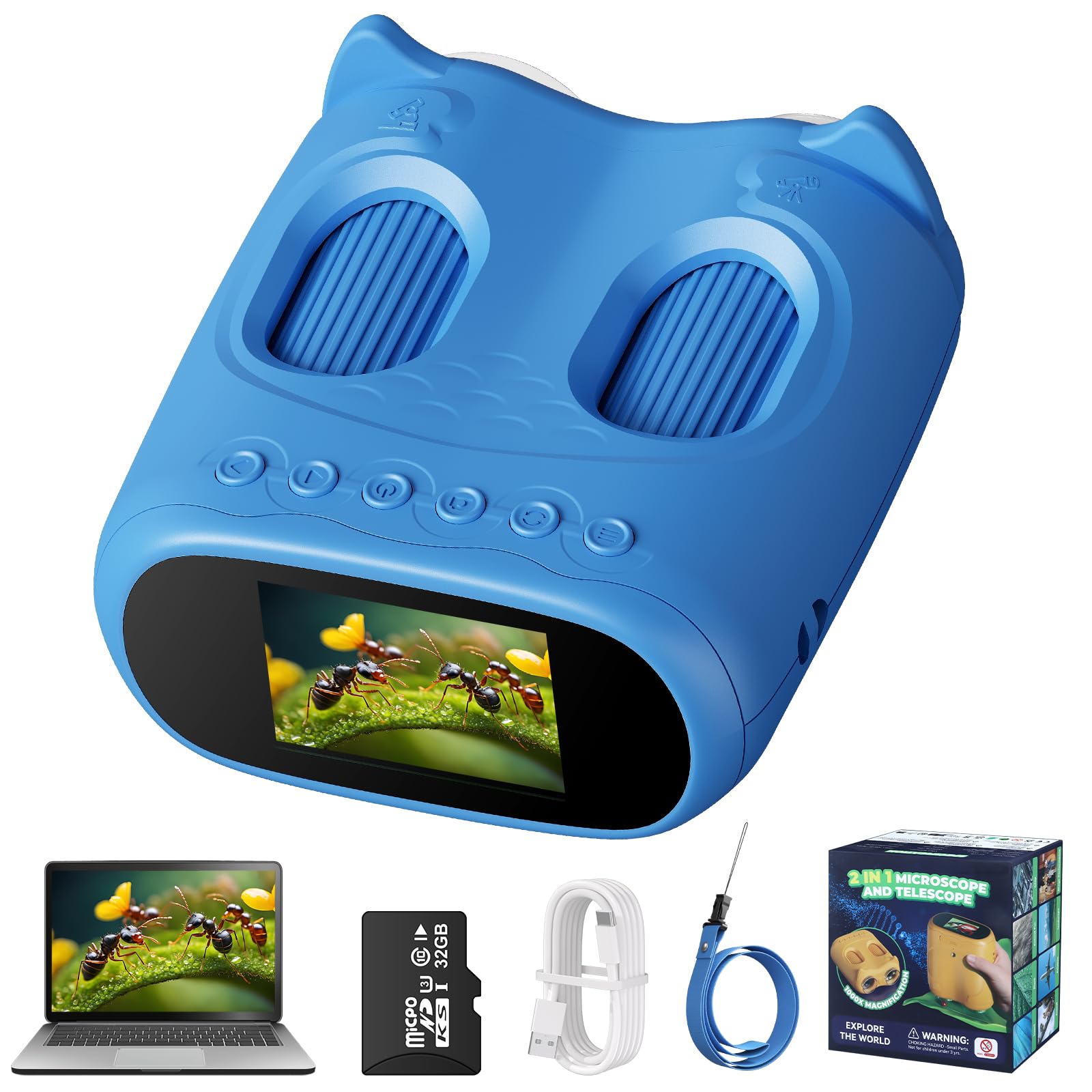 2 in 1 Microscopio Bambini e Telescopio, Microscopio Digitale Bambini con Scheda 32GB, 1000X Microscopio Portatile con Schermo IPS da 2,0 Pollici e 8 Luci LED, Regalo per Bambini dai 3 Anni